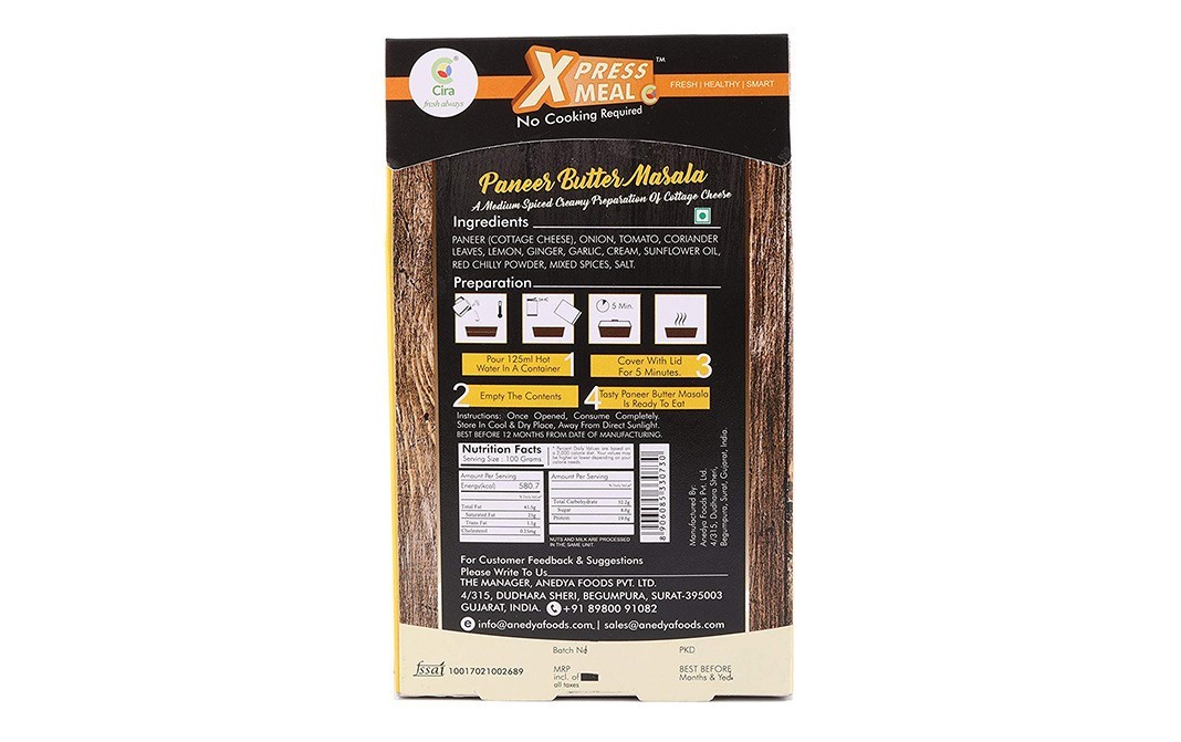 Cira Xpress Meal Paneer Butter Masala Indian Curry   Box  75 grams